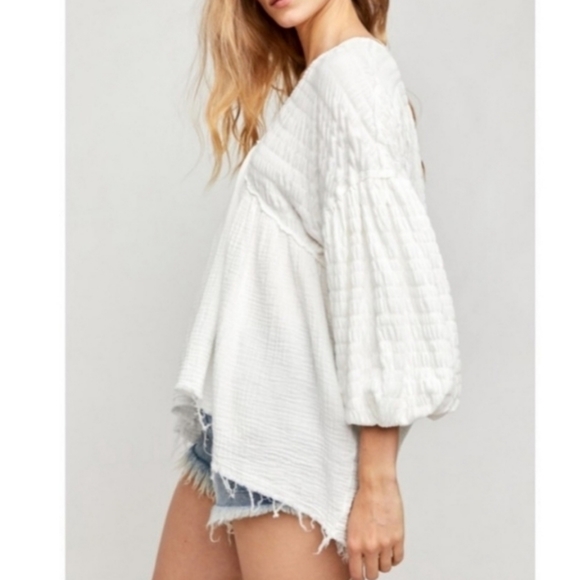 We the Free People Flower Power White Gauze Top Swing Puff Sleeve - Picture 7 of 7